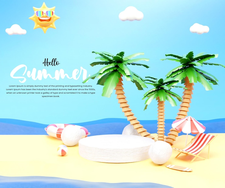 PSD hola diseño de banner de fondo de vacaciones de verano con sombrilla de playa de palmera, silla de playa y pelota