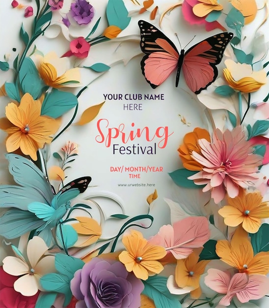 PSD hola diseño de saludos de primavera con coloridos elementos de flores en fondo azul para la temporada de primavera