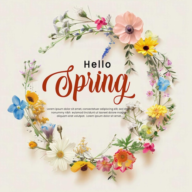 Hola letras de primavera con plantilla de marco floral