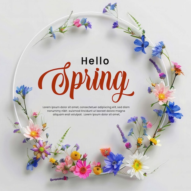 Hola letras de primavera con plantilla de marco floral