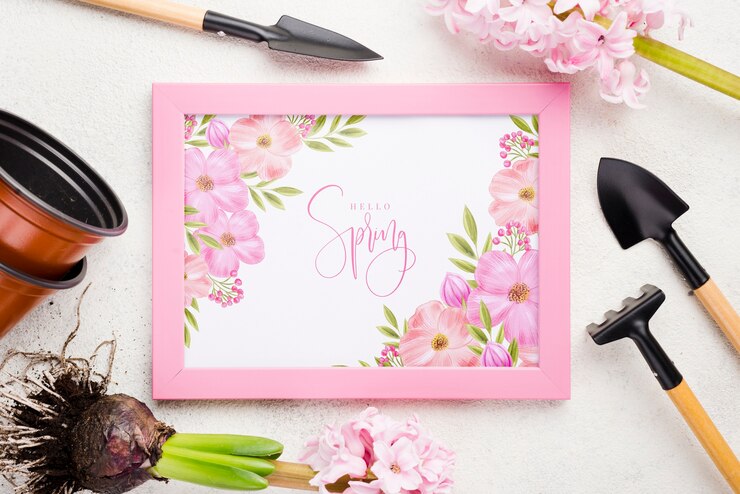 PSD hola maqueta de primavera con flores