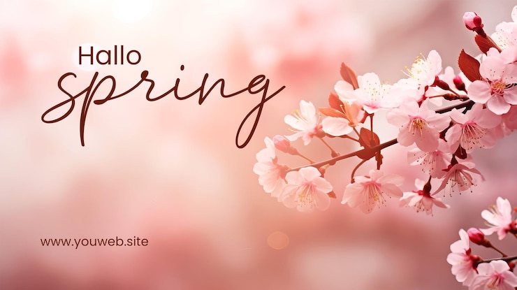 PSD hola plantilla de banner de primavera con fondo de primavera desenfocado fondo de pantalla de vacaciones