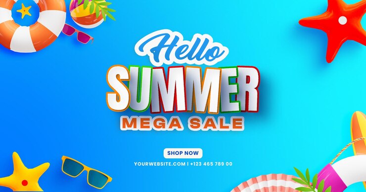 PSD hola verano mega venta facebook post banner plantilla con coloridos elementos de playa