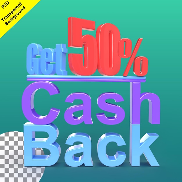 Holen sie sich 50 prozent cashback-tag 3d-rendering cashback-angebot label verkauf rabatt aufkleber 3d-design