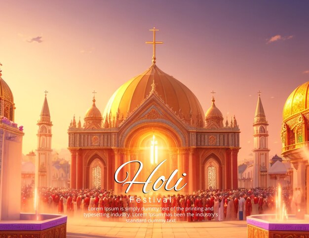 PSD holi-festival-banner mit goldenem tempel