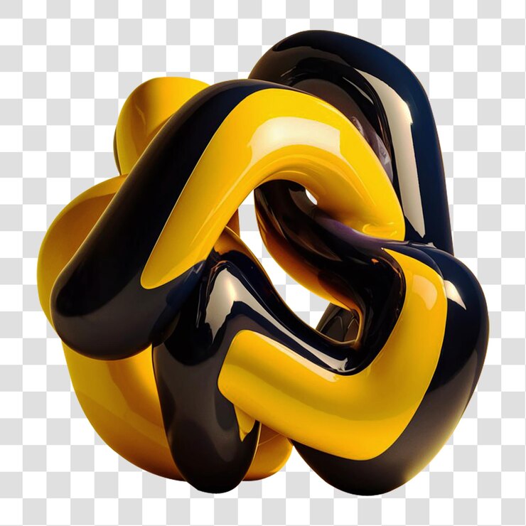 Un holo 3D abstracto con formas de colores amarillos y oscuros en un fondo transparente