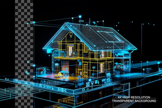 PSD holograma 3d del sistema de automatización de la casa mostrado sobre un fondo transparente