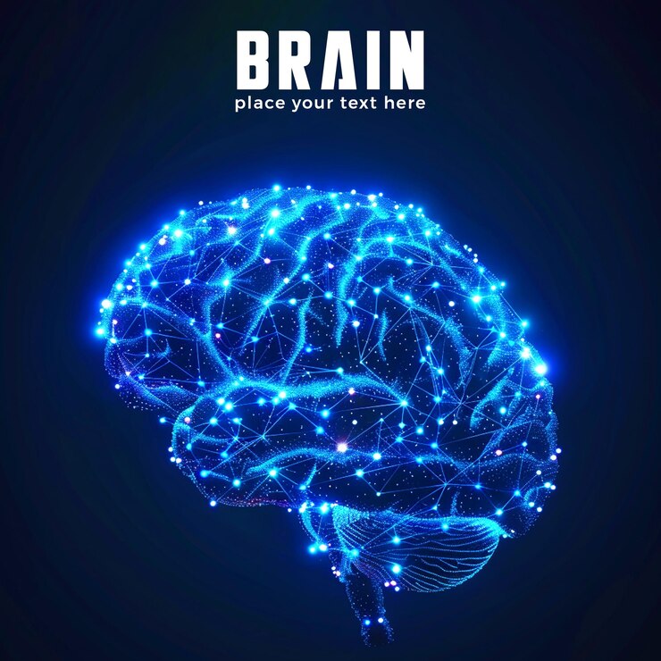 PSD holograma brillante superposición del cerebro humano sobre un fondo negro