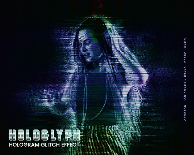 PSD holograma hologlyph glitch photo effect mockup