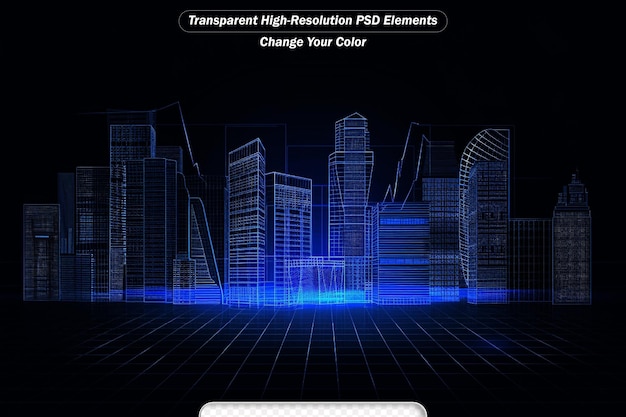 PSD hologramme numérique lumineux de la ville avec des circuits sur fond bleu