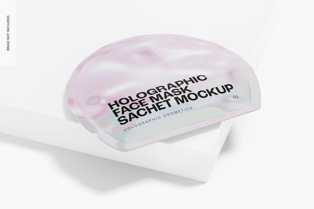 Holographische gesichtsmaske sachet mockup, auf dem podium