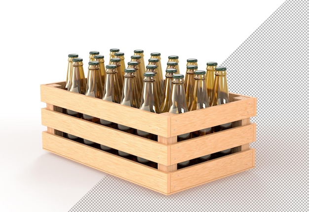 PSD holzkiste mit glasflaschen bier blickwinkel holzkiste voller alkohol trinkt holzplankenbehälter für die lagerung, den transport und die lieferung von getränken, die auf weißem hintergrund isoliert sind 3d-darstellung