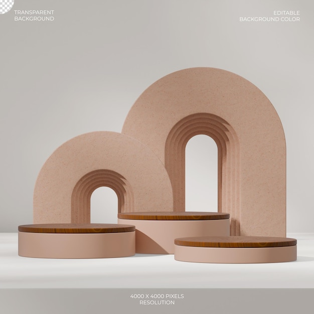 Holzkörner-Zylinder-Podium in quadratischem braunem Terrazzo 3D-Bild-Rendering eines transparenten Hintergrunds
