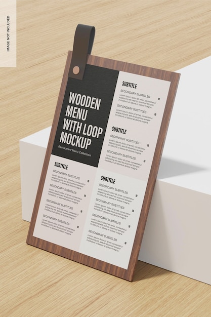 Holzmenü mit Loop Mockup, gelehnt