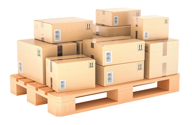 Holzpalette mit Paketen Versand- und Logistikkonzept 3D-Rendering isoliert auf durchsichtigem Hintergrund