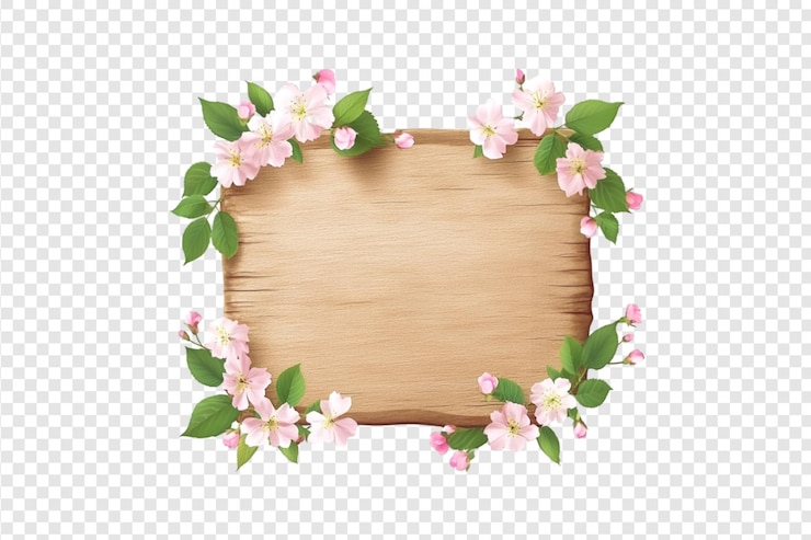 PSD holzschild mit rosa blumen und grünen blättern, isoliert auf einem durchsichtigen hintergrund