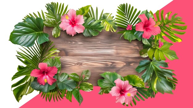 PSD holzschild umgeben von hibiskusblumen und tropischem laub auf durchsichtigem hintergrund