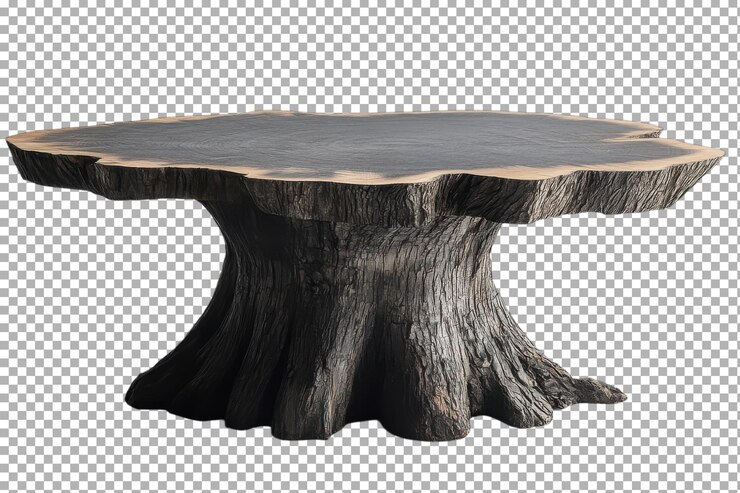 PSD holztisch aus rustikalem baumstamm mit einzigartigem design für den einsatz im freien oder im innenraum in gemütlicher umgebung