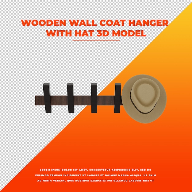 Holzwand kleiderbügel mit hut isoliert 3d-modell