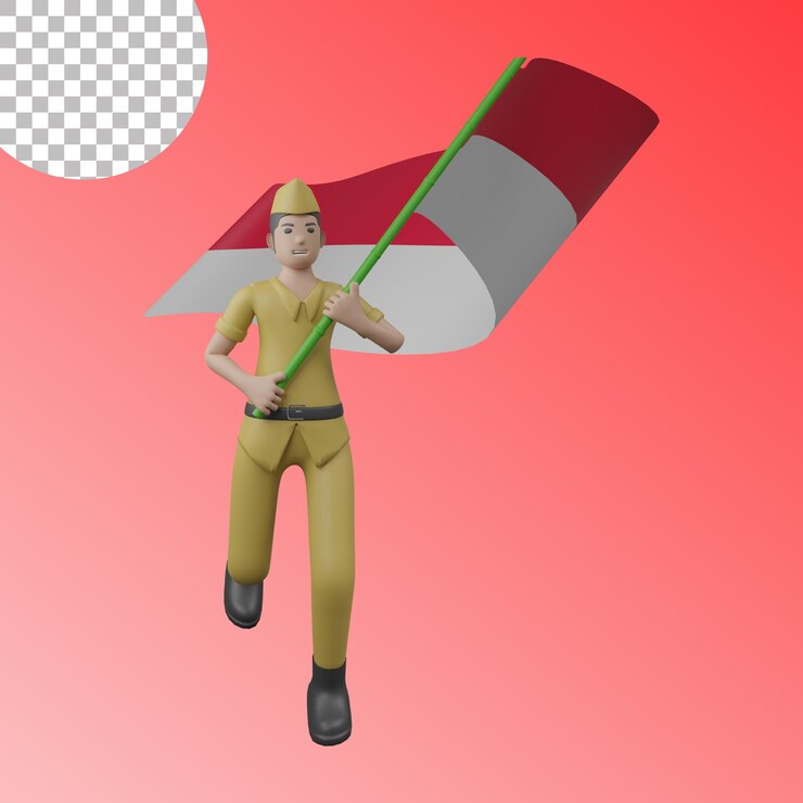 Hombre 3d corriendo con la bandera del día de la independencia