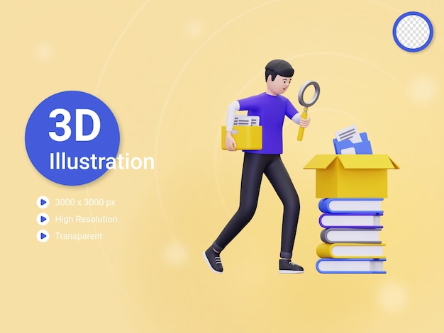 el hombre 3d está buscando una ilustración del documento