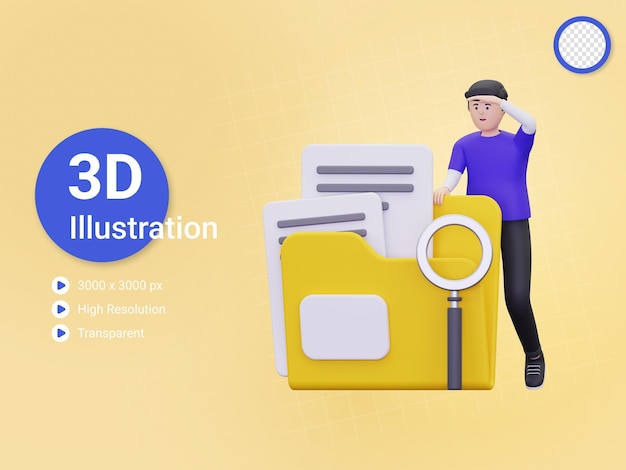 el hombre 3d está buscando la ilustración de los documentos