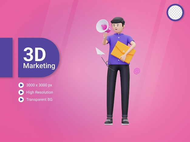 Hombre 3D haciendo ilustración de marketing por correo electrónico