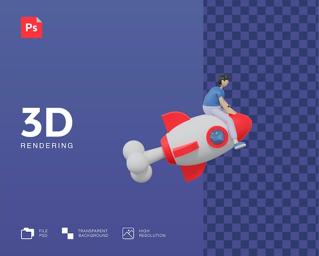 Hombre 3D en la ilustración del cohete