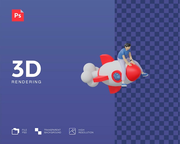 Hombre 3D en la ilustración del cohete