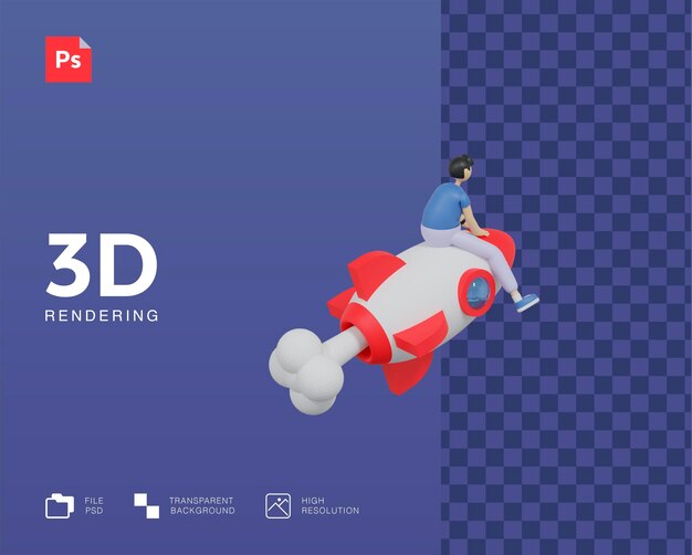 PSD hombre 3d en la ilustración del cohete