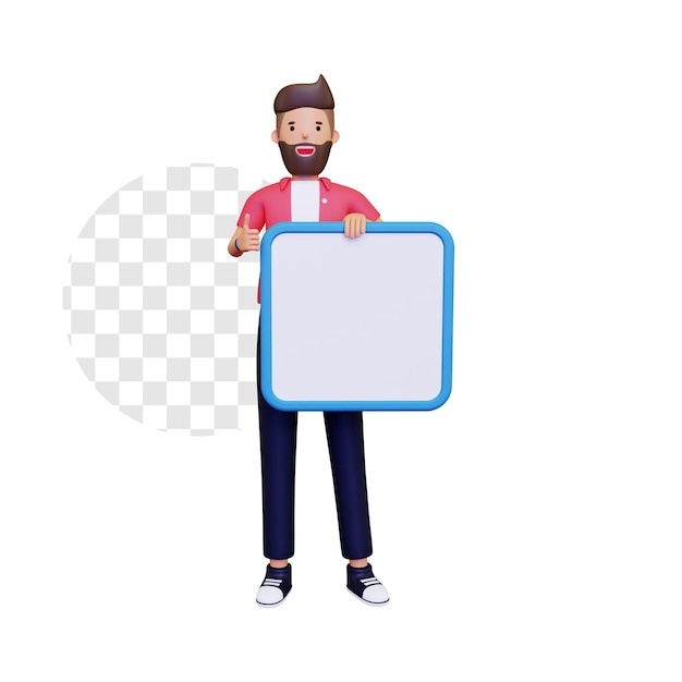hombre 3d que sostiene un cartel en blanco