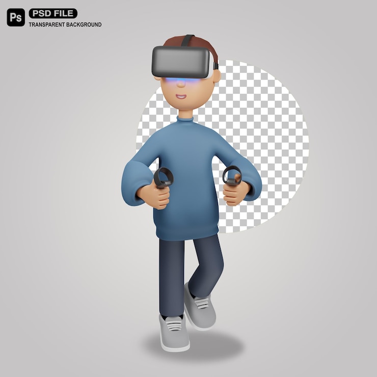 PSD hombre 3d que usa la ilustración de la caja de realidad virtual