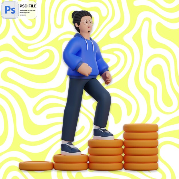 PSD hombre 3d subiendo escaleras de monedas render icon aislado ilustración png plantilla psd