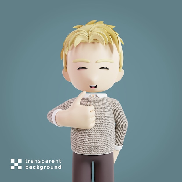 hombre, actuación, pulgar up, carácter 3d, render, ilustración