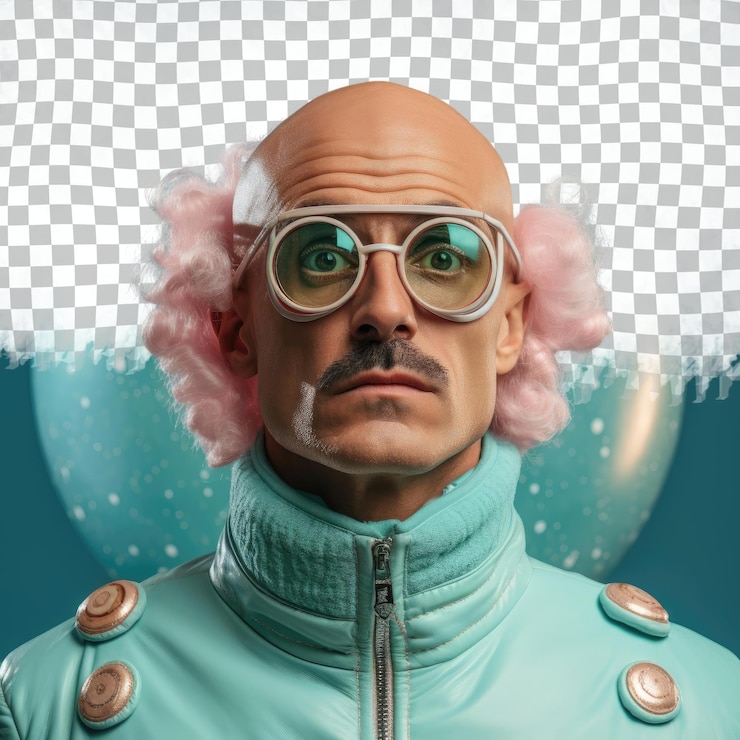 PSD un hombre adulto con cabello calvo de la etnia de oriente medio vestido con trajes de astrónomo posa en un estilo de ojos mirando por encima de gafas contra un fondo de menta pastel