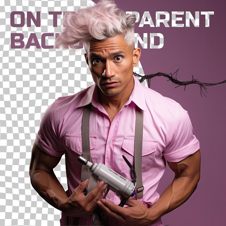 PSD un hombre adulto curioso con cabello rubio de la etnia nativa americana vestido con ropa de hacer proyectos de bricolaje posa en un estilo de cepillado a mano a través del cabello contra un fondo pastel mauve