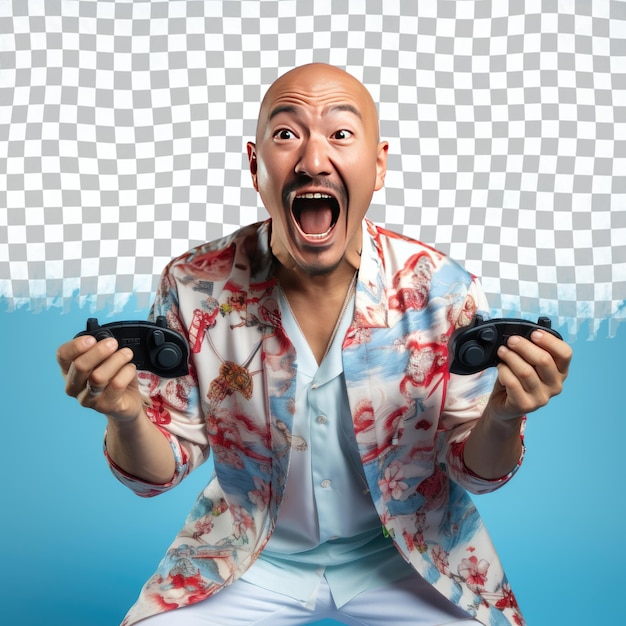 PSD un hombre adulto emocionado con cabello calvo de la etnia asiática vestido con ropa de videojuegos en consolas posa en un estilo de juego de sombras dramáticas contra un fondo azul cielo pastel