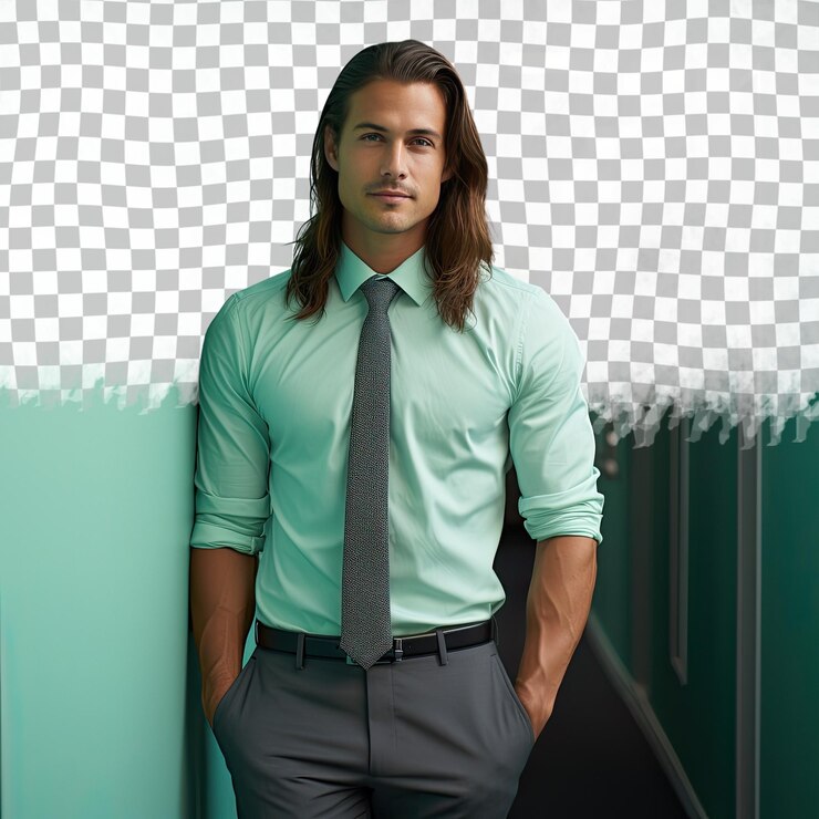 PSD hombre adulto envidioso con cabello largo de la etnia nórdica vestido con el atuendo del representante de servicio al cliente posa en un estilo leaning against a wall contra un fondo de menta pastel