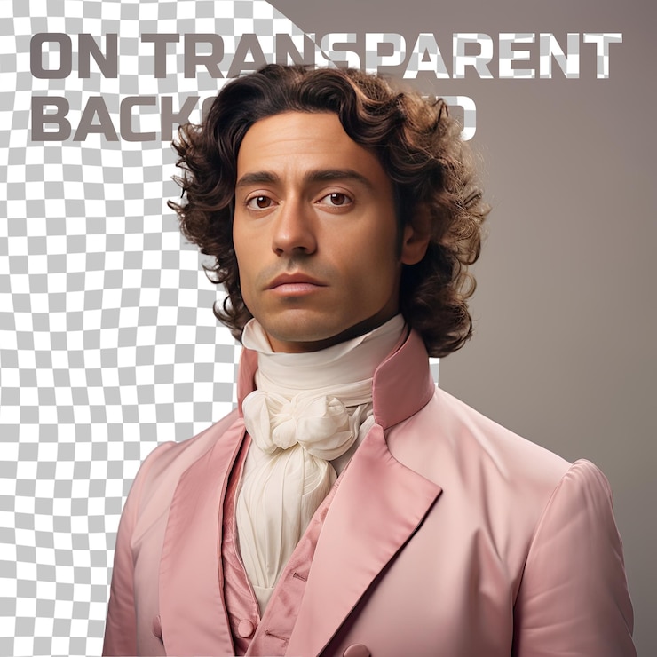 PSD un hombre adulto pesimista con cabello ondulado de la etnia de asia occidental vestido con ropa de restaurador posa en un estilo elegante de mano en el cuello contra un fondo de crema pastel