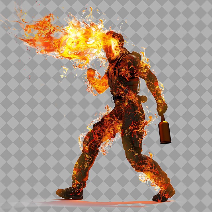 PSD hombre adulto pirocinético con forma ardiente manipulación del fuego aislamiento térmico renderización de caracteres de alta calidad