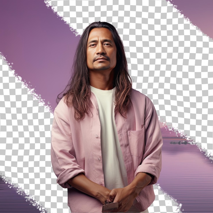 PSD un hombre adulto solitario con cabello largo de la etnia de asia occidental vestido con traje de pesca en el lago posa con los ojos caídos con un estilo de sonrisa contra un fondo pastel mauve
