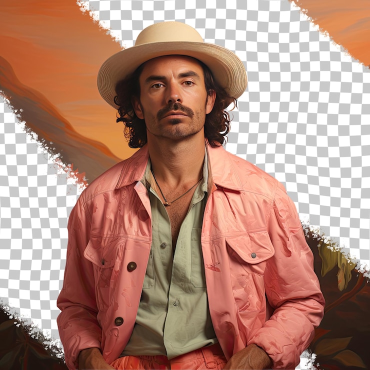 PSD un hombre adulto solitario con cabello ondulado de la etnia aborigen australiana vestido con atuendo agrícola posa en un estilo de pie con un pie hacia adelante contra un fondo de coral pastel