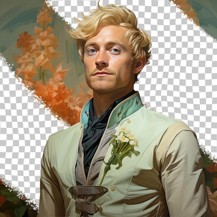 PSD un hombre adulto tranquilo con cabello rubio de la etnia hispana vestido con atuendo botánico posa en un estilo elegante de mano en el cuello contra un fondo pastel teal