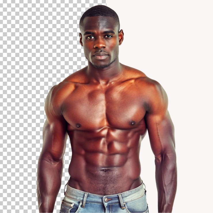 PSD hombre africano sin camisa usa jeans cortos sobre un fondo transparente