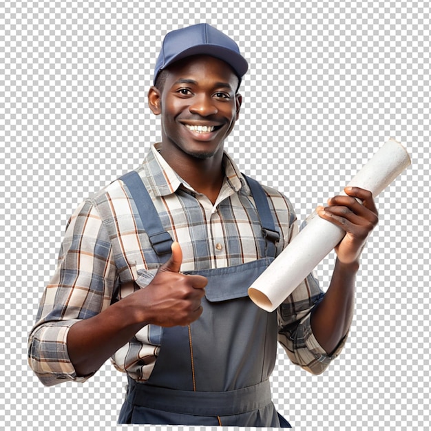 PSD hombre afroamericano con gorra y con un pincel de pintura en un fondo transparente
