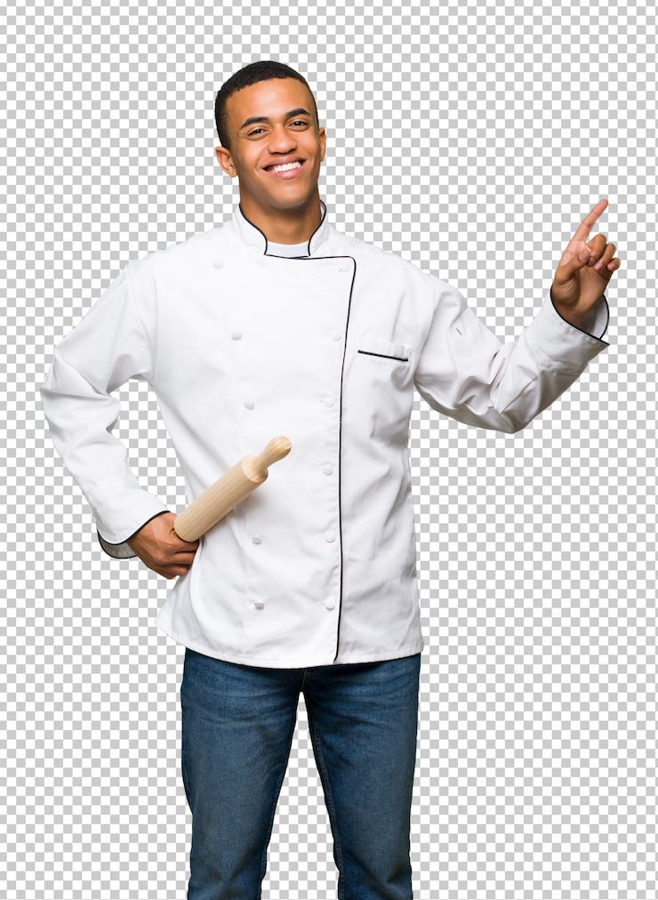 PSD hombre afroamericano joven del cocinero que muestra y que levanta un dedo en la muestra del mejor