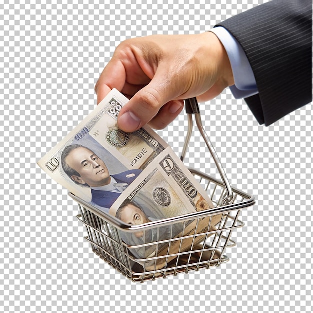 hombre agarrando con la mano un billete japonés en el carrito de compras