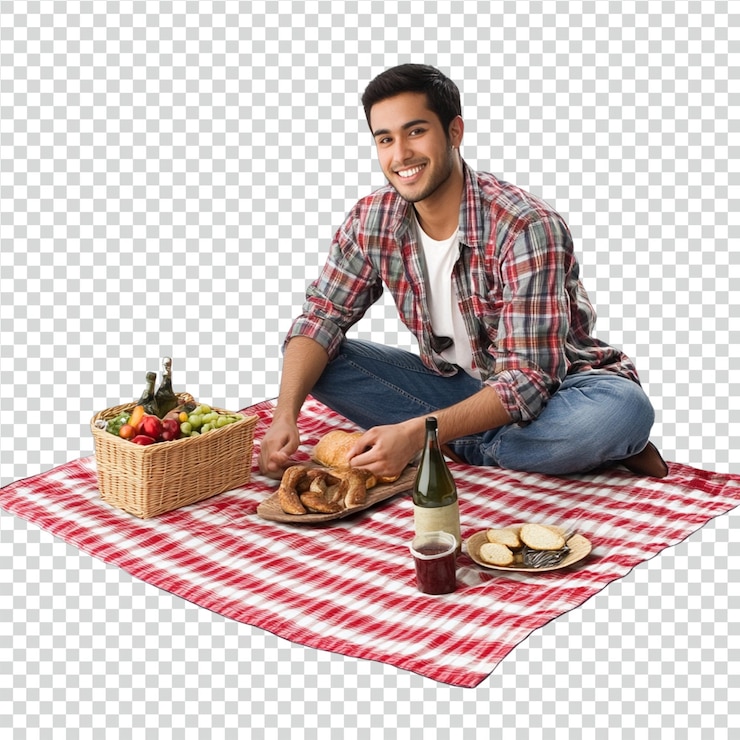 PSD hombre alegre preparando una manta de picnic para divertirse y relajarse al aire libre