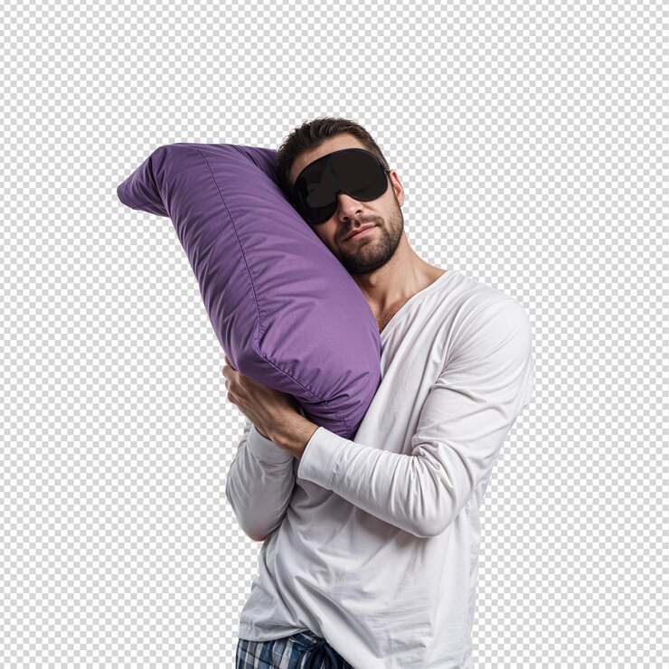 un hombre con una almohada púrpura en la cabeza está sosteniendo una almohadilla púrpura