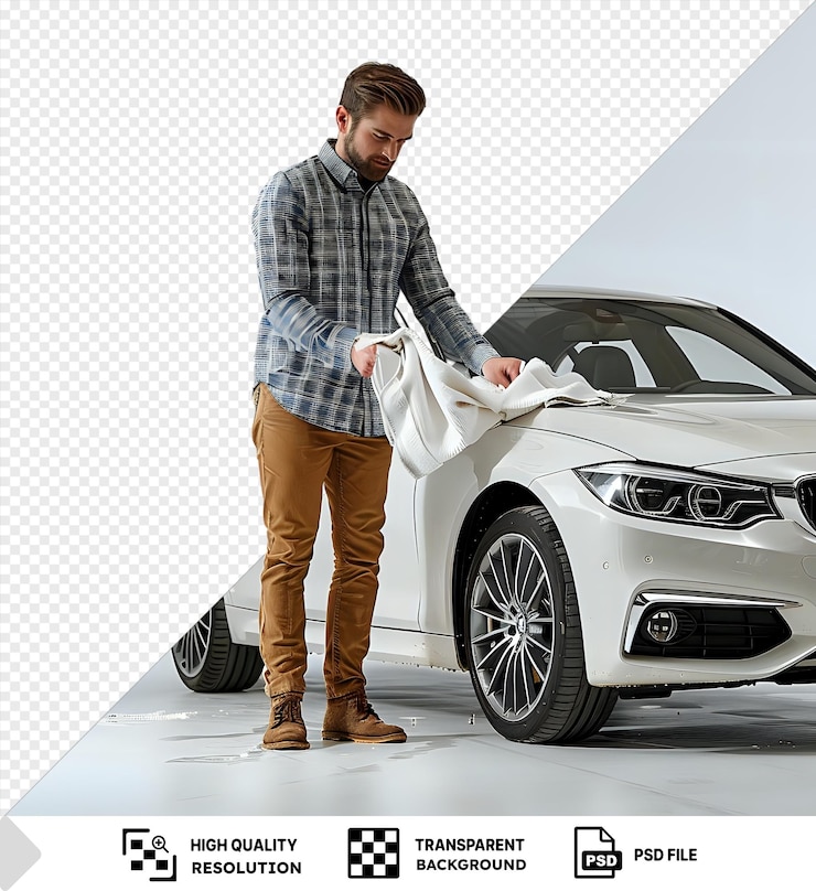 PSD hombre amistoso limpiando la superficie del coche con un paño mientras está de pie al lado del coche blanco con camisa a cuadros y azul pantalones marrones y botas marrones con cabello corto marrón y una mano visible png